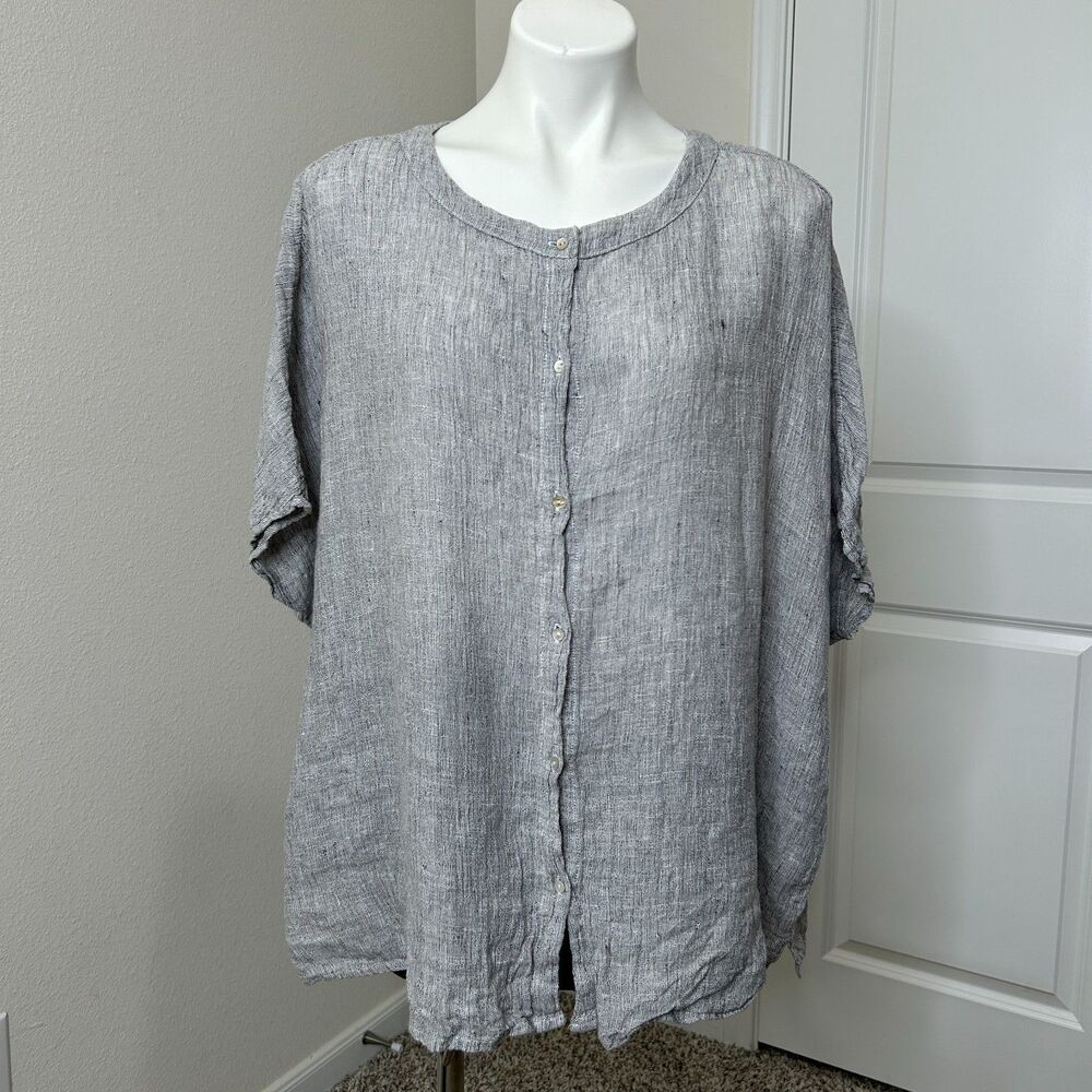 Tahari Tunic Shirt Womens Medium Gray Linen Button Up Oversized Boxy Lagenlook